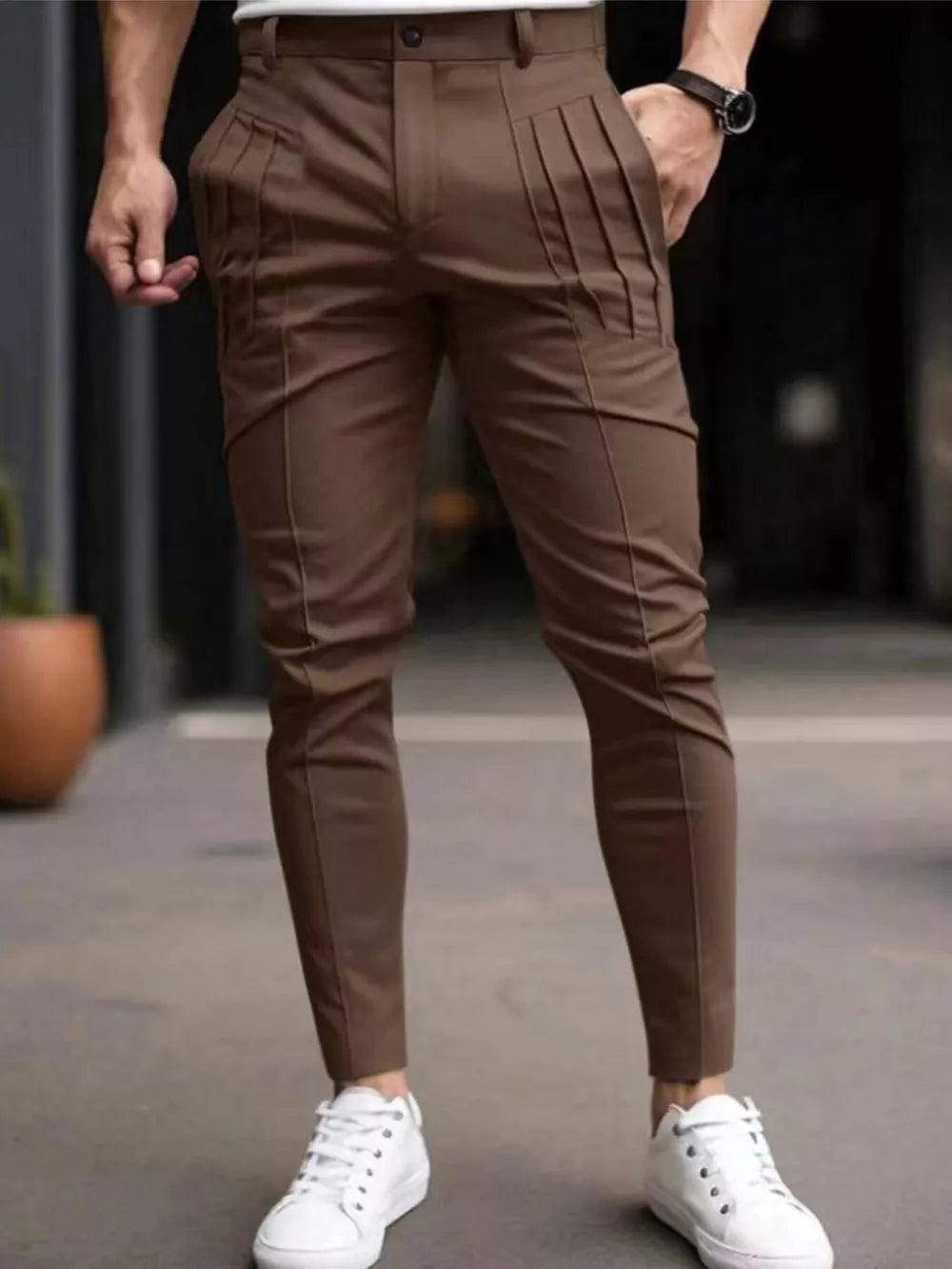 Men's Slim Fit Pleated Casual Pants Plus Size, front view