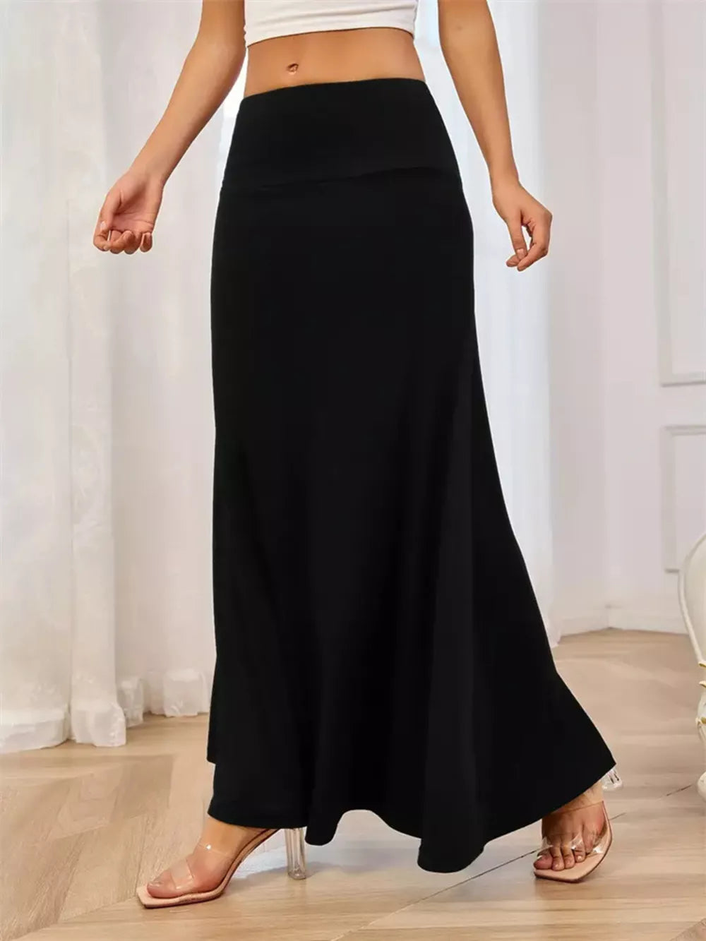Flowy Maxi Skirt With Wide Waistband, model styling view