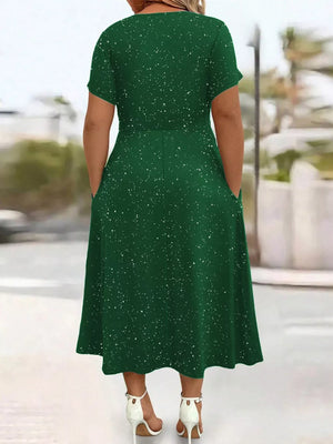 Full Size Glitter Flutter Sleeve Midi Dress Plus Size in Silver Gray, view 13