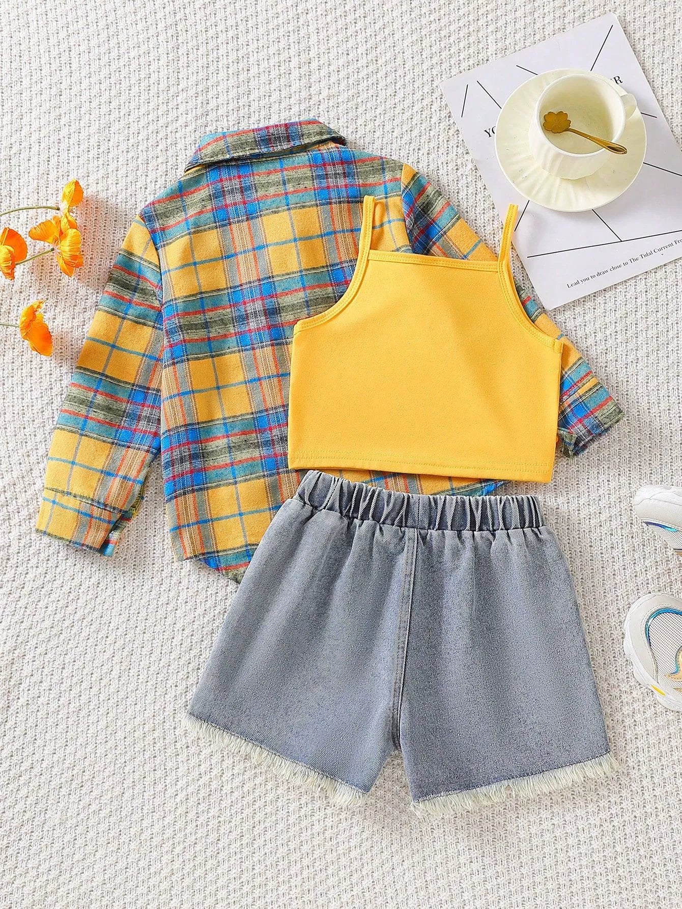 Baby girls' yellow plaid shirt, yellow tank top, and denim shorts set with frayed hem.