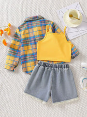 Baby girls' yellow plaid shirt, yellow tank top, and denim shorts set with frayed hem.
