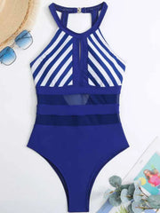 Blue and white striped halterneck swimsuit with keyhole cutout and mesh panels