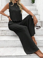 Black linen lounge set with scalloped hem top and wide leg pants