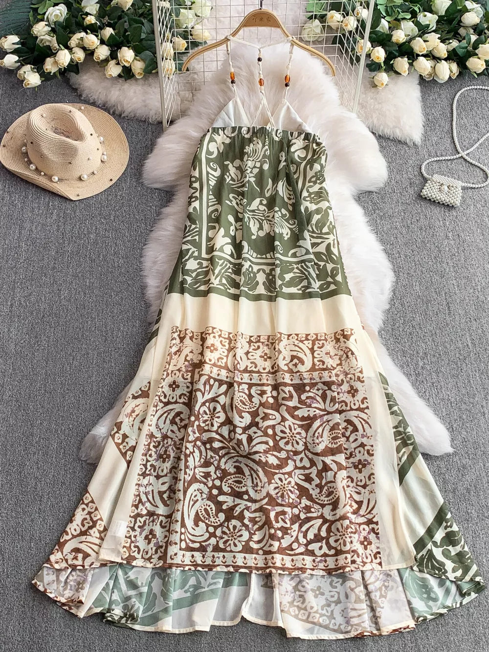 Dual-pattern V-neck cami dress with beaded straps and a tiered hem.