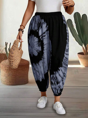 Tie-dye harem trousers with elastic waist in black and grey, cropped length