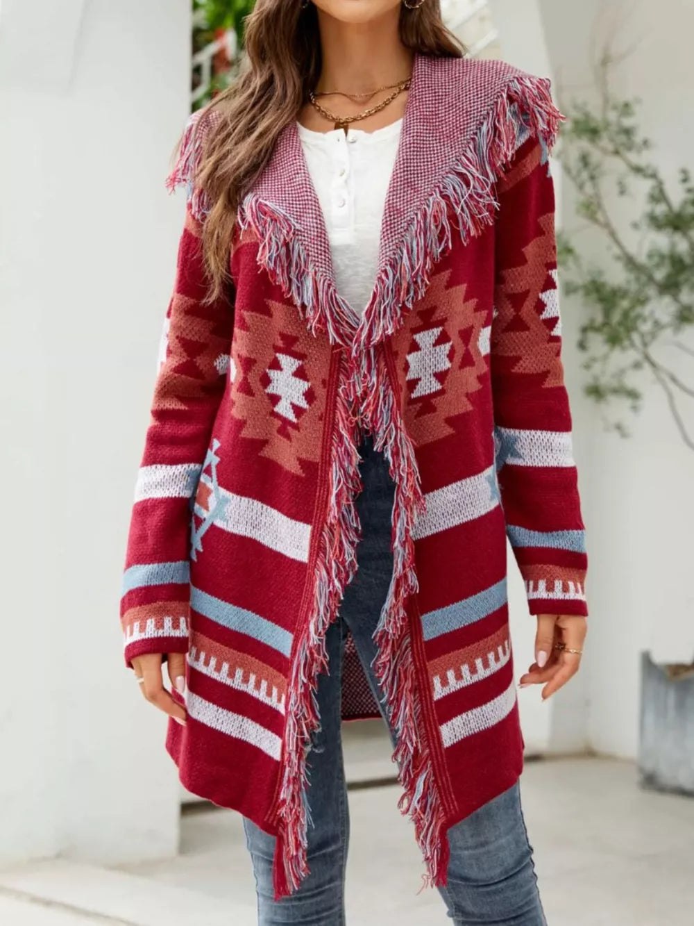 Fringe Geometric Hooded Cardigan in Deep Red, front view