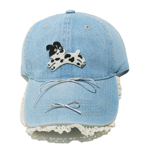 Light blue denim baseball cap with puppy appliqué and lace trim