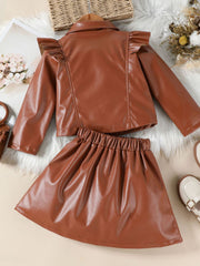 Brown faux leather toddler jacket with ruffles and skirt set