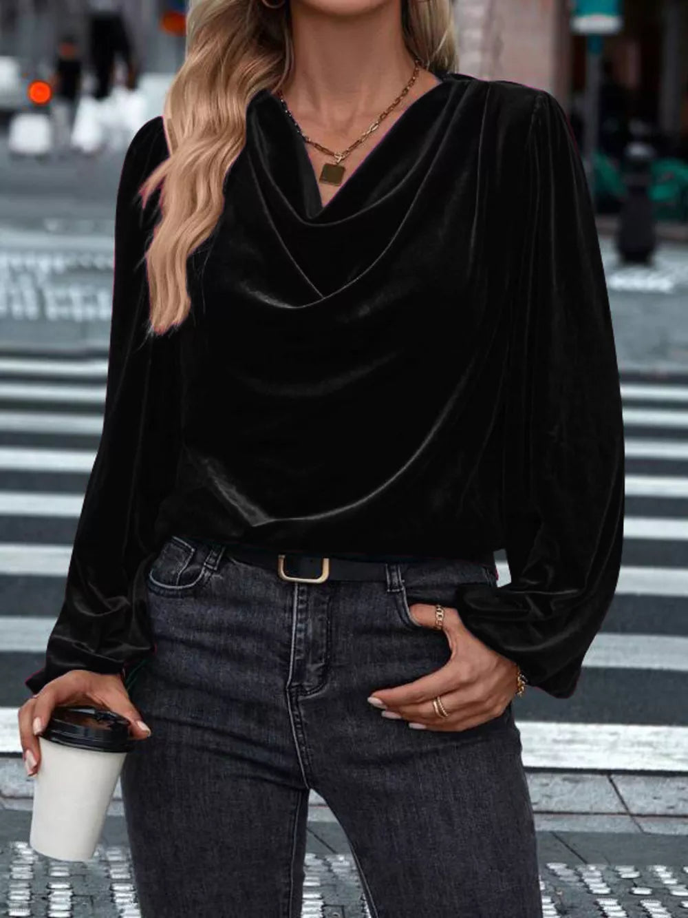 Black velvet cowl neck shirt with long sleeves