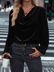 Black velvet cowl neck shirt with long sleeves