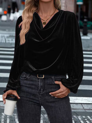 Black velvet cowl neck shirt with long sleeves