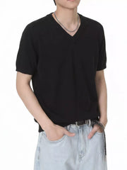 Black V-neck knit t-shirt for men with short sleeves and a relaxed fit.
