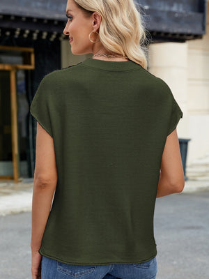 Army green knit cap sleeve top with vertical seam detail.
