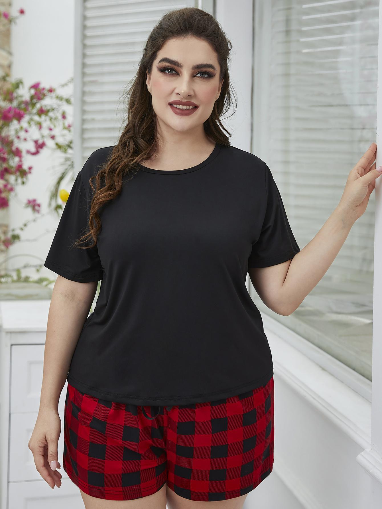 Black relaxed tee with red and black plaid shorts set