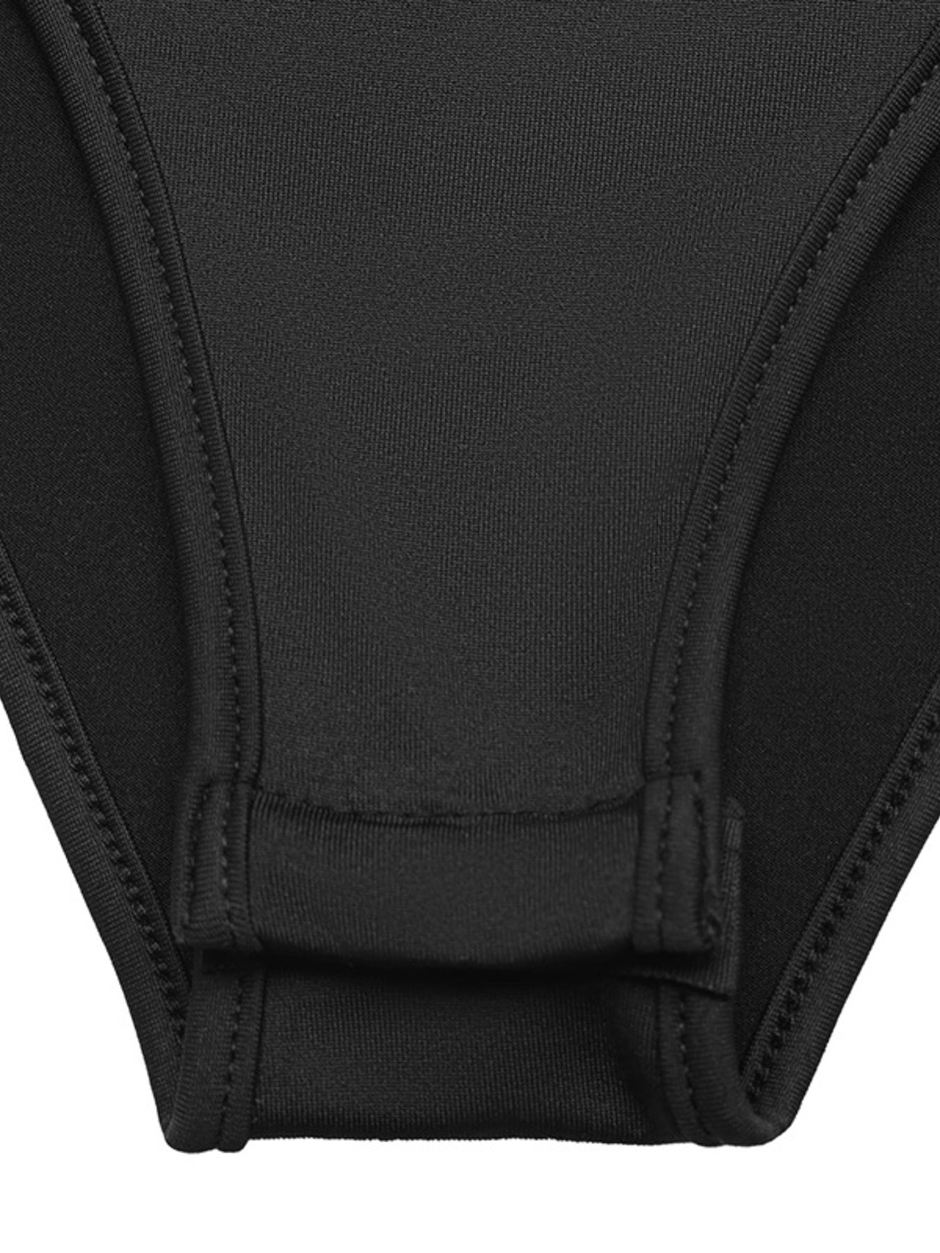 Black bodysuit with snap closure detail and contrast stitching.