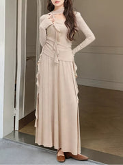 Ruffled Long Sleeve Knit Top And Maxi Skirt Set in Khaki, model styling view