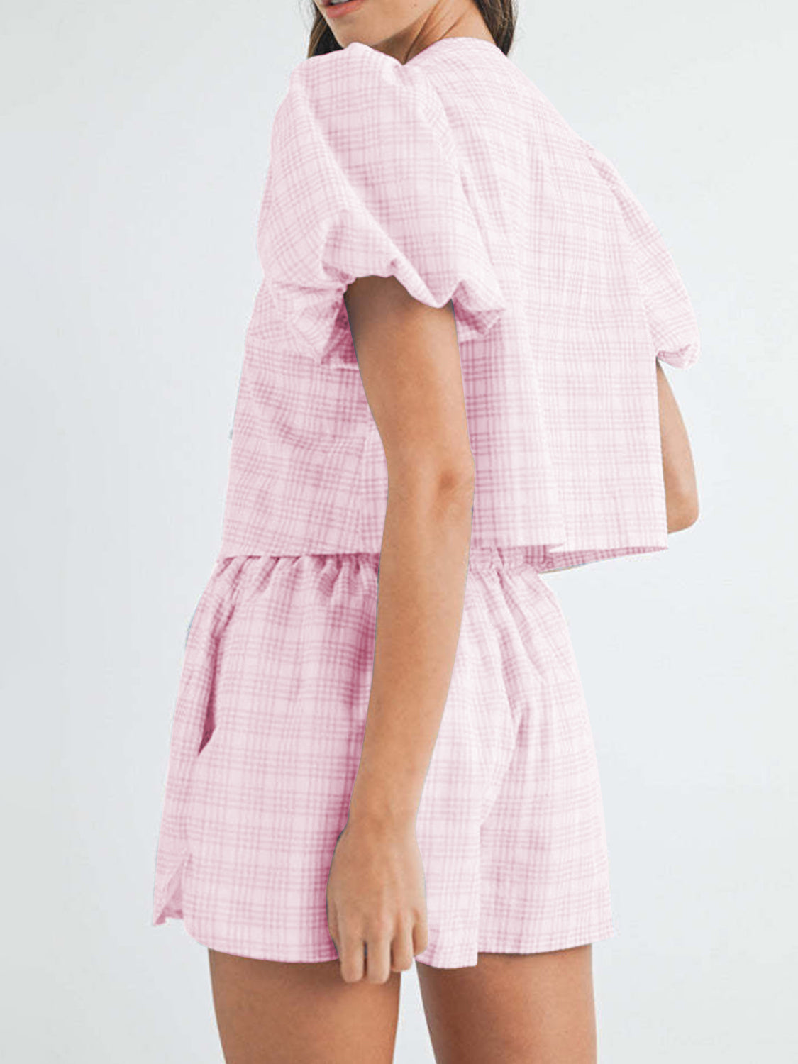Plaid puff sleeve tie-front set in blush pink with elastic waist shorts.