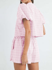 Plaid puff sleeve tie-front set in blush pink with elastic waist shorts.