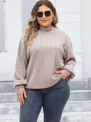 Beige ribbed mock neck sweater with balloon sleeves