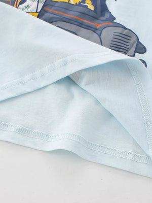 Light blue cotton baby tee with safari vehicle graphic detail.