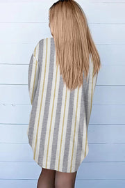 Open-front duster cardigan with vertical stripe pattern in white, grey, and yellow.
