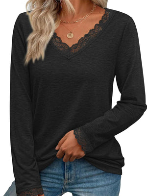 Dark Gray long sleeve t-shirt with lace trim V-neck and cuffs.