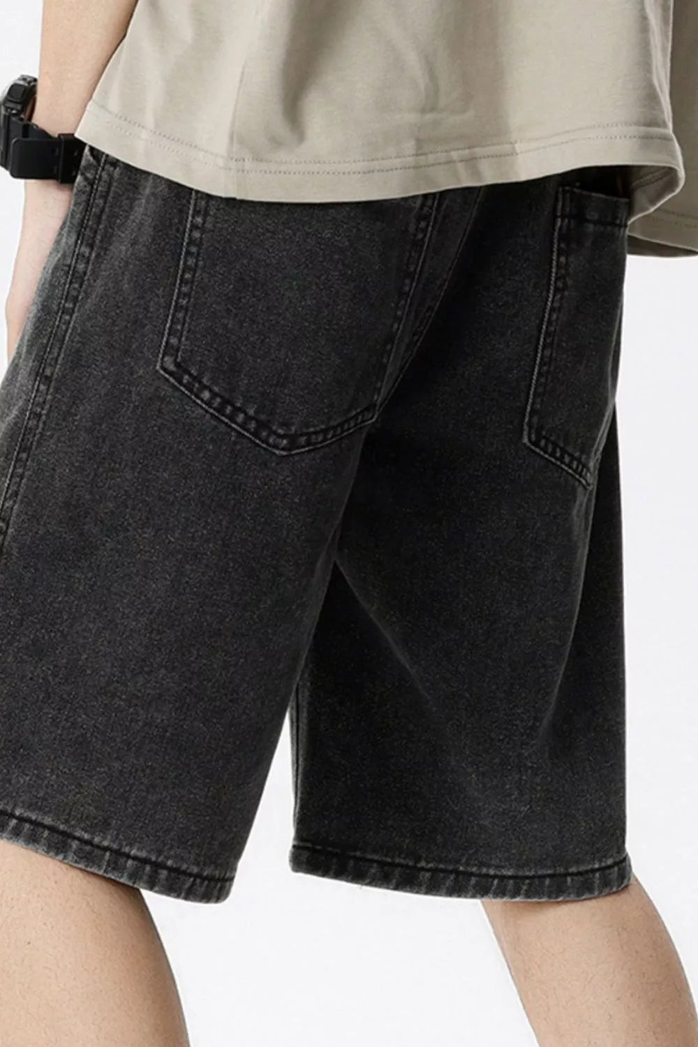 Black gray denim shorts for men with vintage wash and drawstring detail.