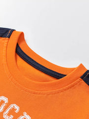 Orange cotton graphic t-shirt with navy trim and stitching detail