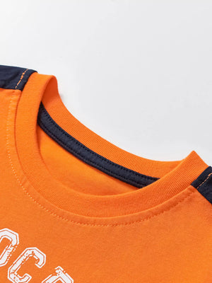 Orange cotton graphic t-shirt with navy trim and stitching detail