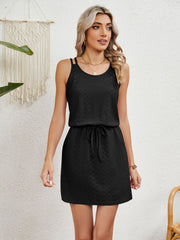 Black geometric eyelet crossover strap dress with drawstring waist