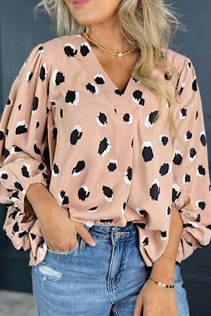Blouson sleeve spot print silk blouse in Dust Storm with a V-neck.