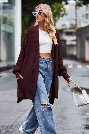 Wine open-knit longline cardigan with side slits and pockets, acrylic.