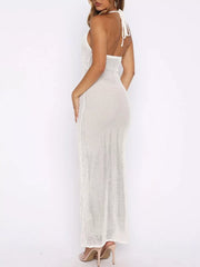 Halter Neck Crochet Maxi Dress in Yellow, model styling view