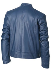Royal blue PU zip-up jacket with stand-up collar and seam details