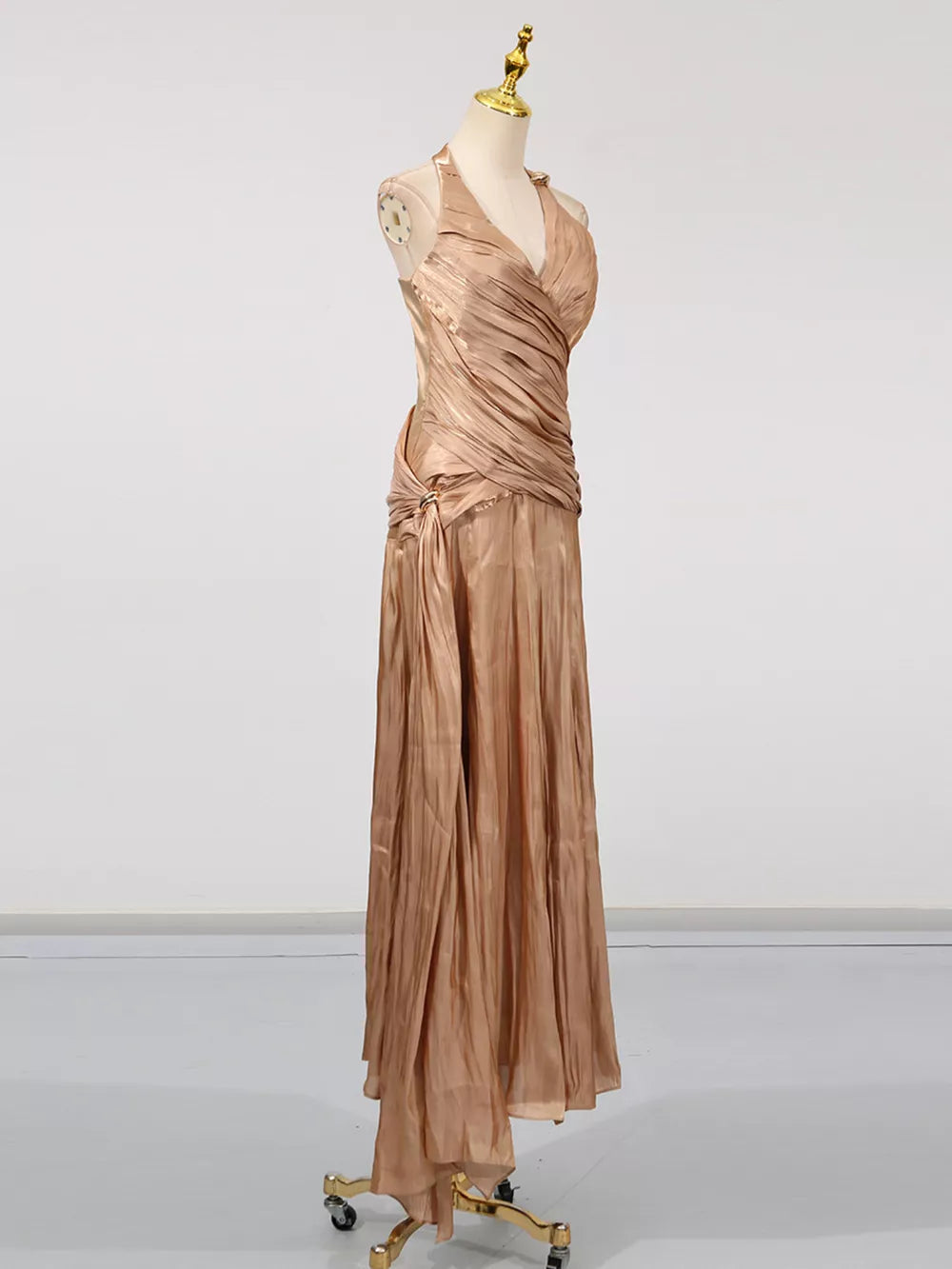 Halter Neck Ruched Maxi Dress in Champagne, model styling view