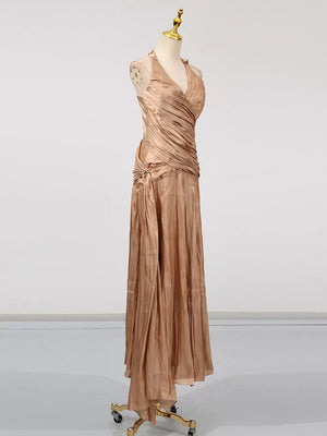 Halter Neck Ruched Maxi Dress in Champagne, model styling view