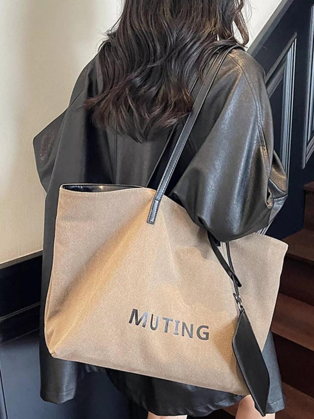Casual Canvas Tote Shoulder Bag in Tan, side view