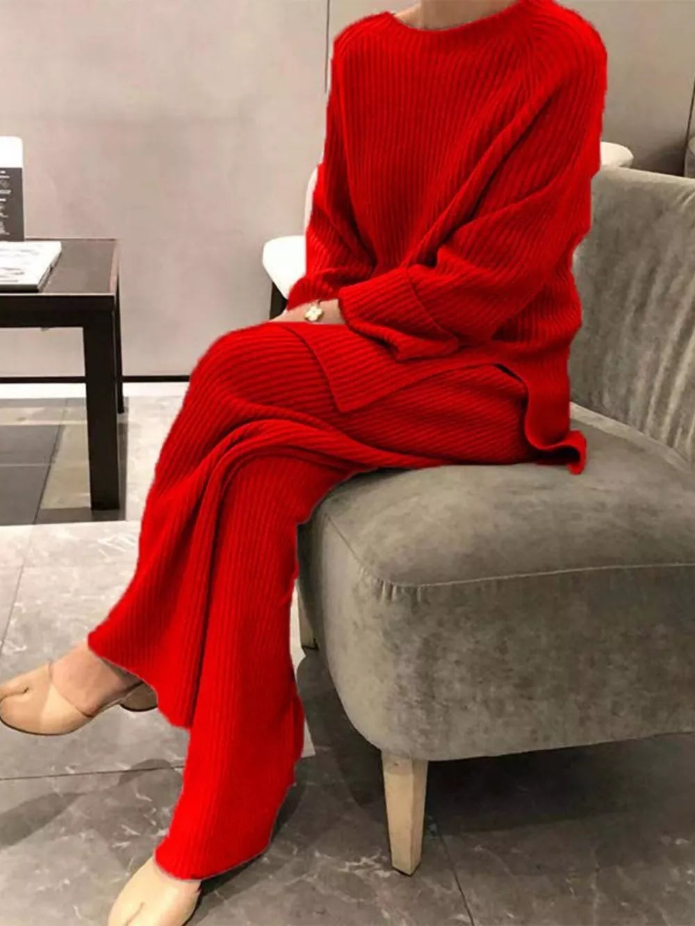 Red ribbed knit sweater and wide leg pants set, crew neck, long sleeves, casual comfortable outfit.