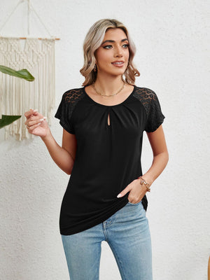 Black polyester blouse with lace sleeves, keyhole neckline, and short sleeves.