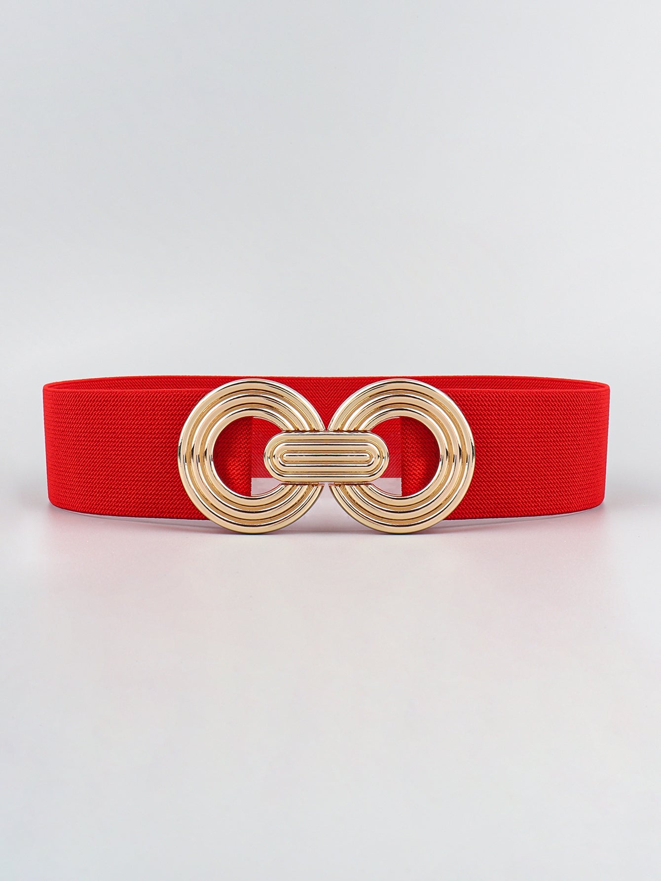 Red stretch belt with interlocking gold alloy buckle detail