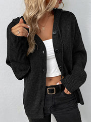 Dark gray knit hooded button-down cardigan with black buttons and ribbed cuffs.