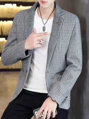 Gray micro-plaid slim fit men's blazer with buttoned front and lapel detail.
