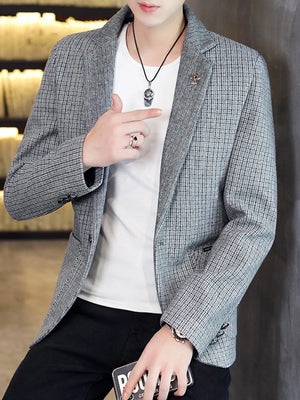 Gray micro-plaid slim fit men's blazer with buttoned front and lapel detail.