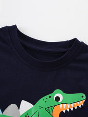 Navy children's t-shirt with a green dinosaur graphic and round neckline.