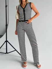Black and white striped knit V-neck buttoned sleeveless top and matching pants set