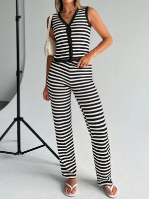 Black and white striped knit V-neck buttoned sleeveless top and matching pants set