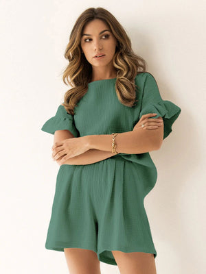 Dark green textured gauze co-ord set with ruffle sleeve top and shorts