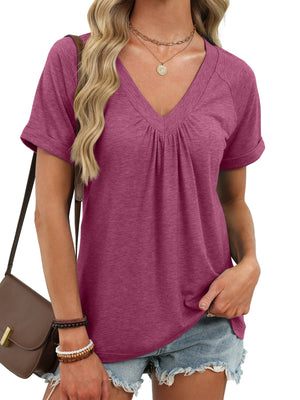Ruched V-neck short sleeve t-shirt in Wine Red with elastane, cuffed sleeves and a relaxed fit.