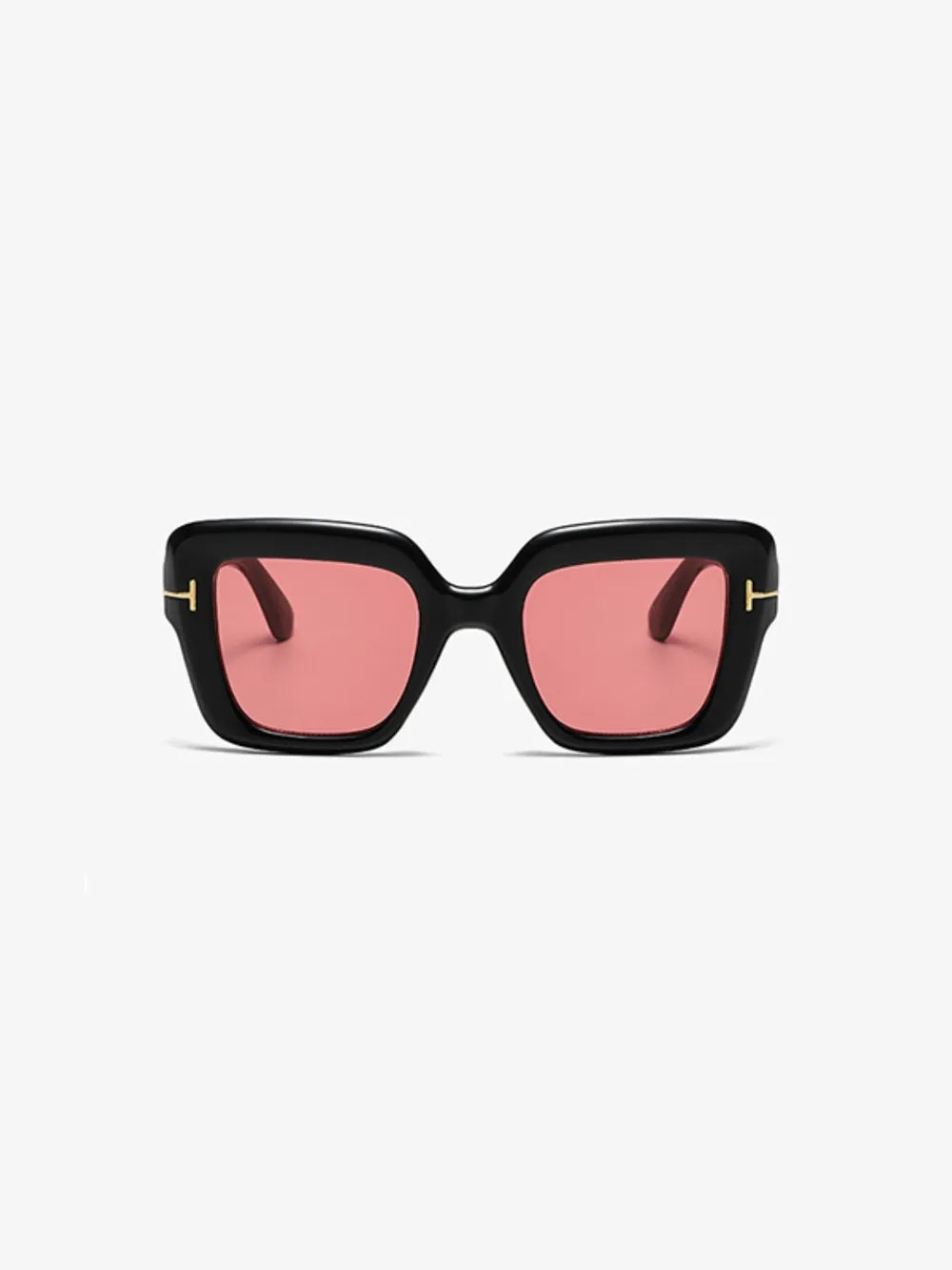 Black acetate geometric sunglasses with pink tinted lenses and gold accents.
