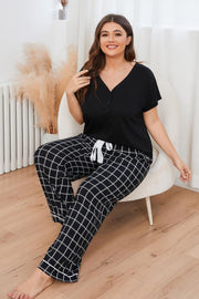 Black grid-print lounge set with henley top and drawstring pants